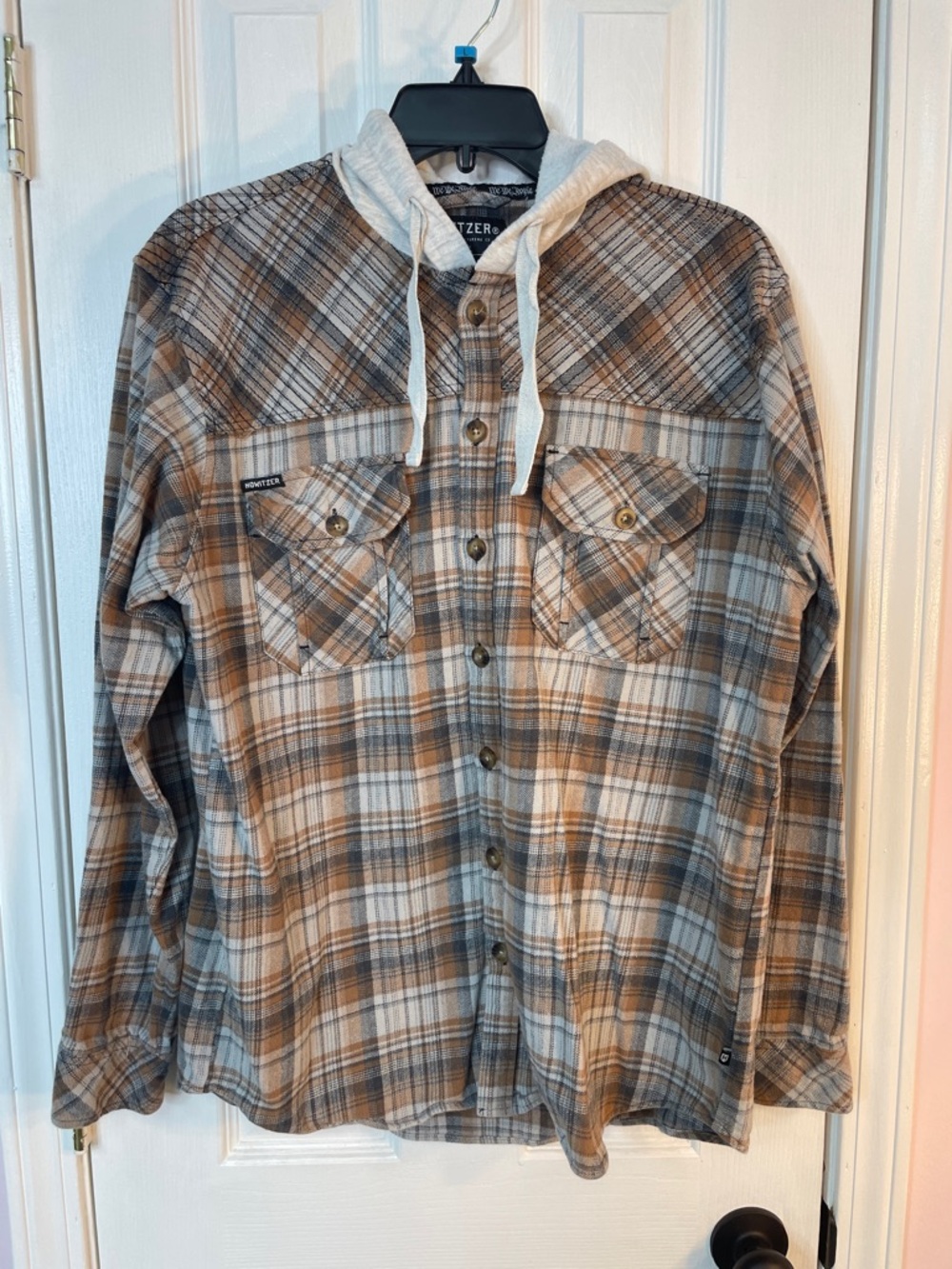 Brown & Cream Plaid Hooded Flannel Shirt Jacket. Nice.